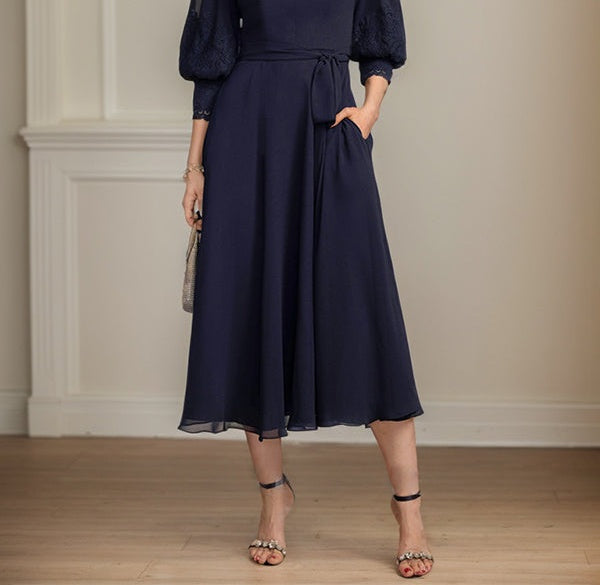 A-line High Neck Tea-Length Lace Chiffon Mother of the Bride Dress With Bow