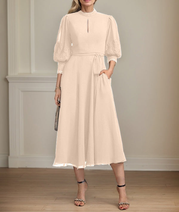 A-line High Neck Tea-Length Lace Chiffon Mother of the Bride Dress With Bow