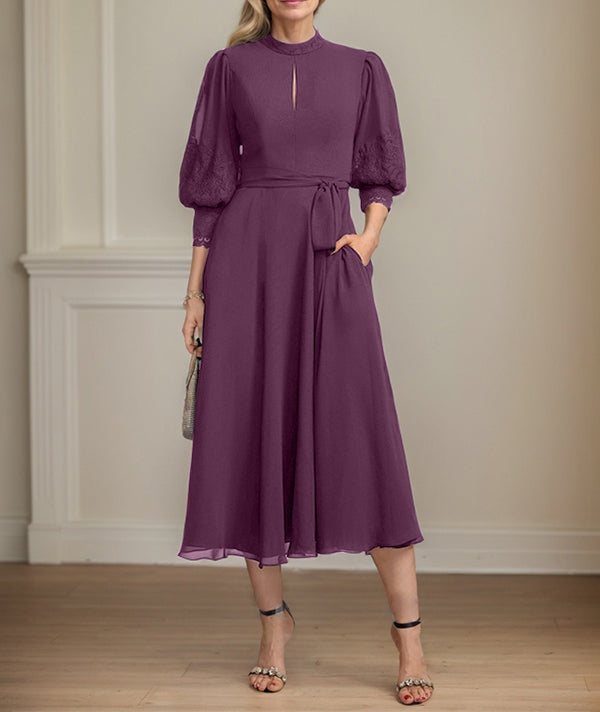 A-line High Neck Tea-Length Lace Chiffon Mother of the Bride Dress With Bow