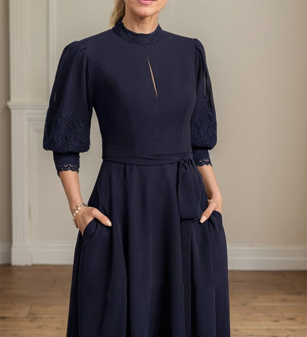 A-line High Neck Tea-Length Lace Chiffon Mother of the Bride Dress With Bow
