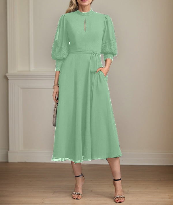 A-line High Neck Tea-Length Lace Chiffon Mother of the Bride Dress With Bow