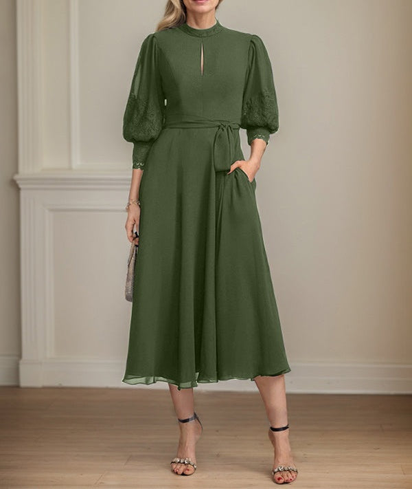A-line High Neck Tea-Length Lace Chiffon Mother of the Bride Dress With Bow