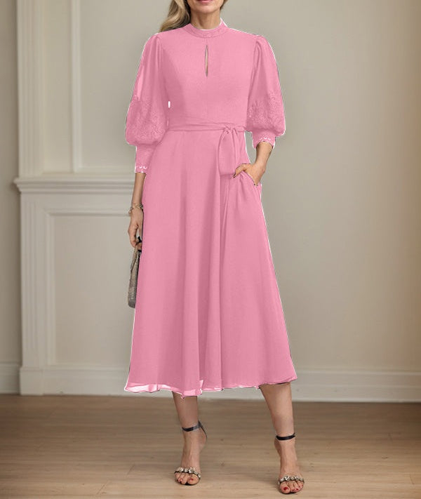 A-line High Neck Tea-Length Lace Chiffon Mother of the Bride Dress With Bow