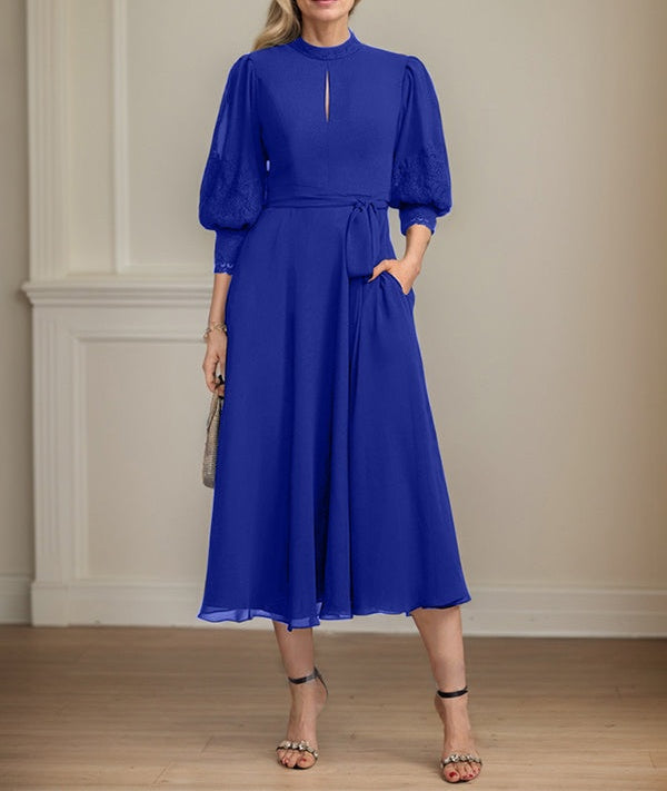 A-line High Neck Tea-Length Lace Chiffon Mother of the Bride Dress With Bow
