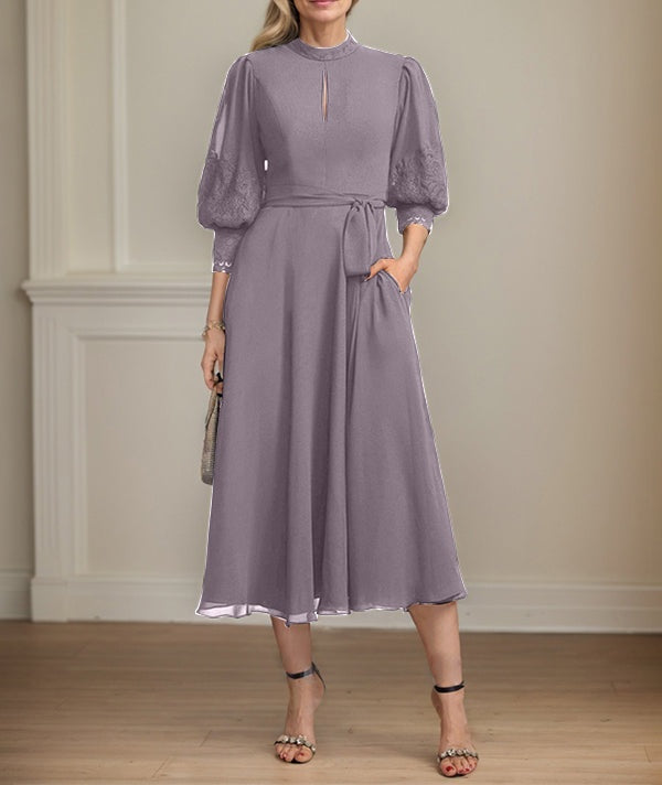 A-line High Neck Tea-Length Lace Chiffon Mother of the Bride Dress With Bow