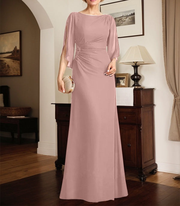 Sheath/Column Scoop Floor-Length Chiffon Mother of the Bride Dress With Pleated Beading