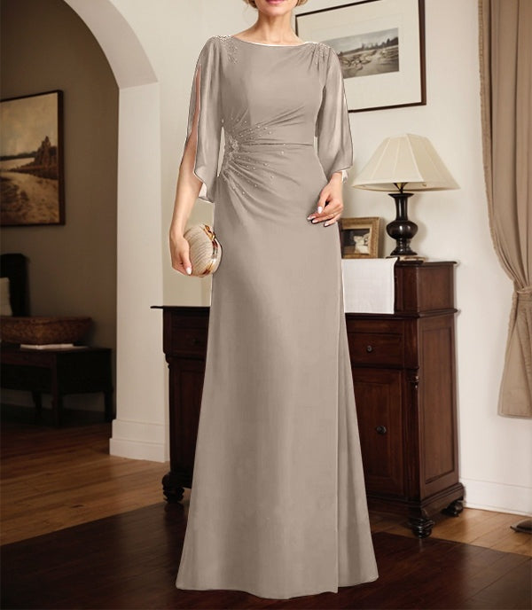 Sheath/Column Scoop Floor-Length Chiffon Mother of the Bride Dress With Pleated Beading