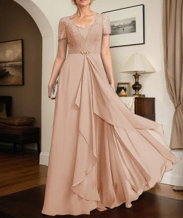 A-line Sweetheart Floor-Length Chiffon Lace Mother of the Bride Dress With Beading Cascading Ruffles