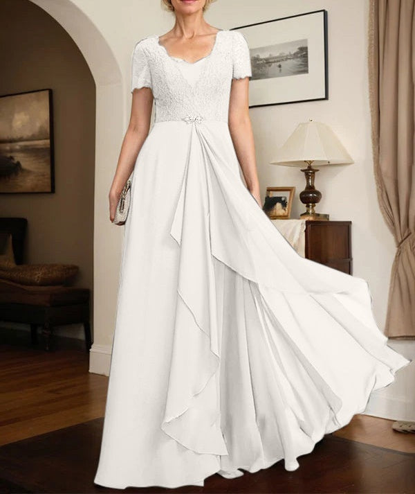 A-line Sweetheart Floor-Length Chiffon Lace Mother of the Bride Dress With Beading Cascading Ruffles