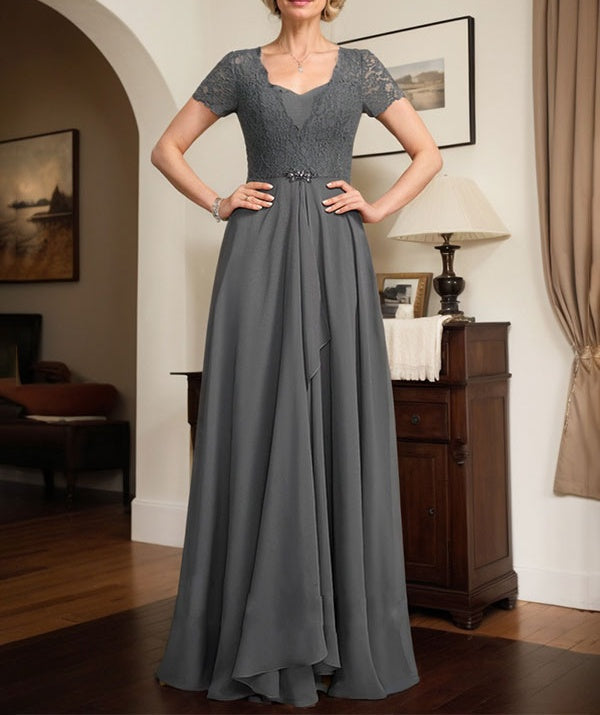 A-line Sweetheart Floor-Length Chiffon Lace Mother of the Bride Dress With Beading Cascading Ruffles