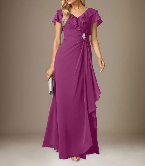 Stormy A-Line V-Neck Ruched Chiffon Dress