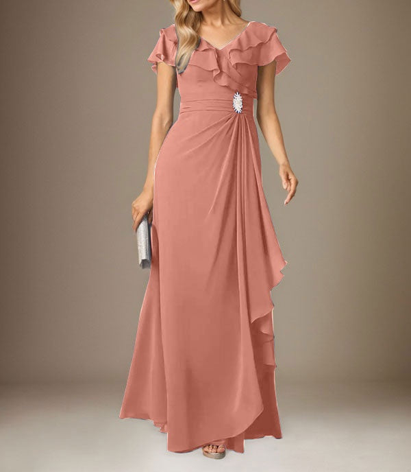 Stormy A-Line V-Neck Ruched Chiffon Dress