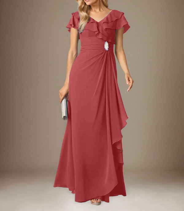 Stormy A-Line V-Neck Ruched Chiffon Dress