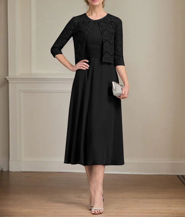 A-line Scoop Tea-Length Chiffon Mother of the Bride Dress With Pleated