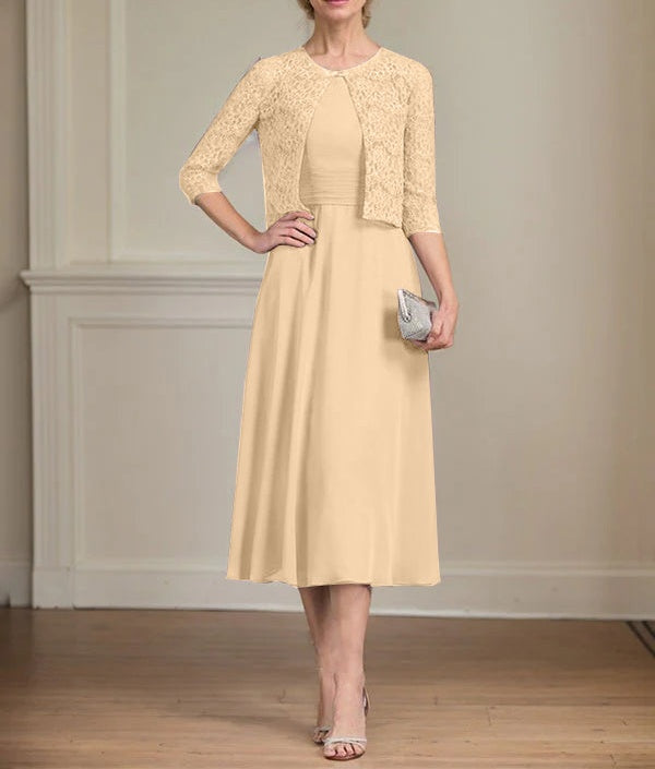 A-line Scoop Tea-Length Chiffon Mother of the Bride Dress With Pleated