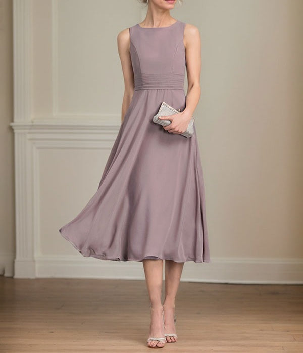 A-line Scoop Tea-Length Chiffon Mother of the Bride Dress With Pleated