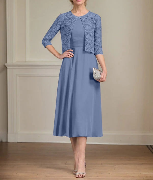 A-line Scoop Tea-Length Chiffon Mother of the Bride Dress With Pleated