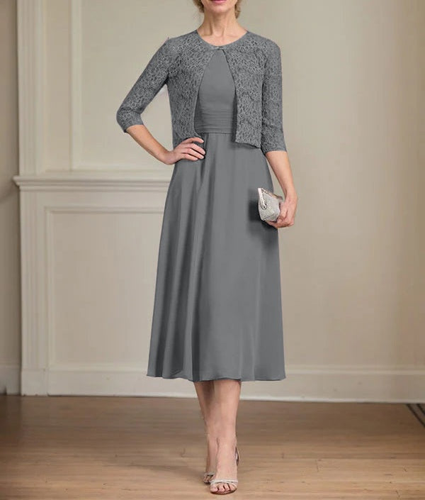 A-line Scoop Tea-Length Chiffon Mother of the Bride Dress With Pleated
