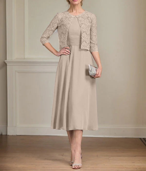 A-line Scoop Tea-Length Chiffon Mother of the Bride Dress With Pleated