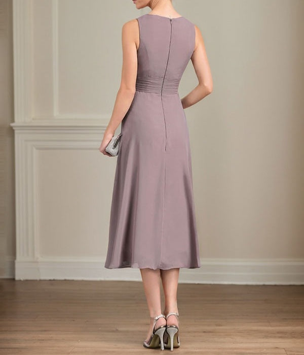 A-line Scoop Tea-Length Chiffon Mother of the Bride Dress With Pleated