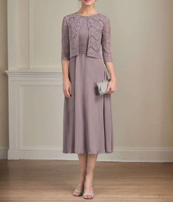 A-line Scoop Tea-Length Chiffon Mother of the Bride Dress With Pleated