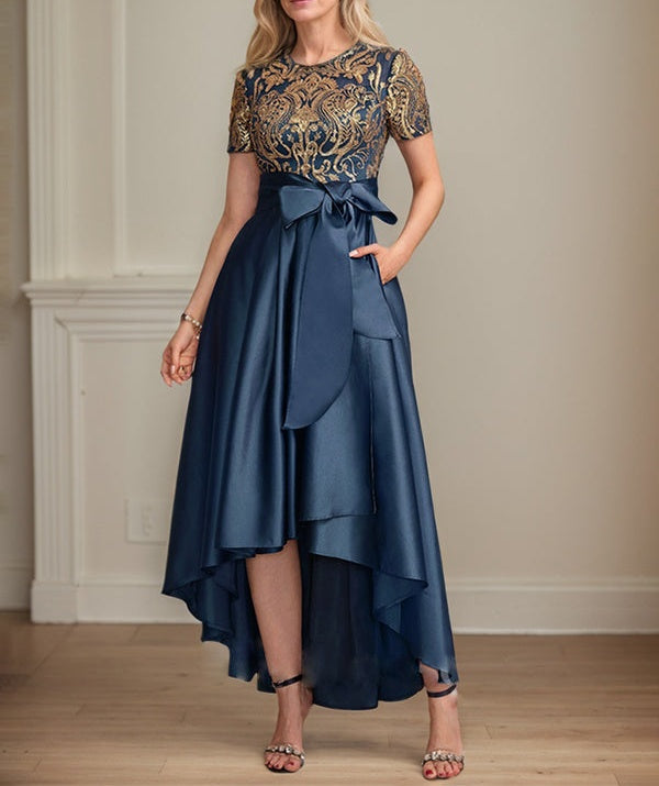 A-line Scoop Asymmetrical Satin Sequin Lace Mother of the Bride Dress With Bow