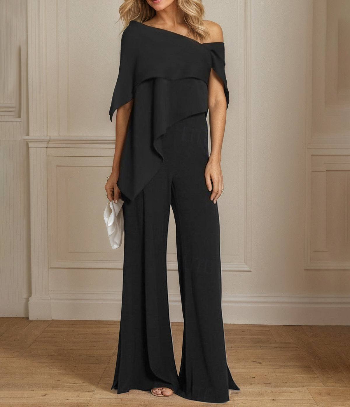 Black Chiffon Jumpsuits Asymmetrical Short Sleeves Floor Length Mother of the Bride Dresses