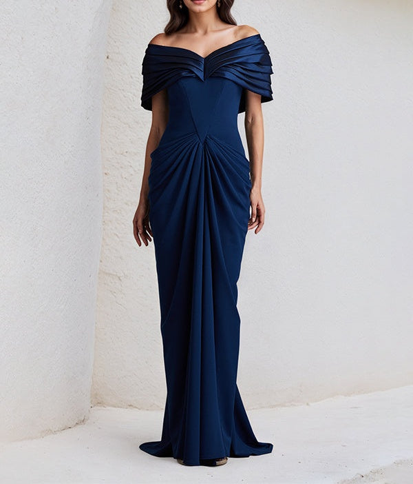 Royal Blue Sheath/Column Off The Shoulder Floor Length Stretch Crepe Dress