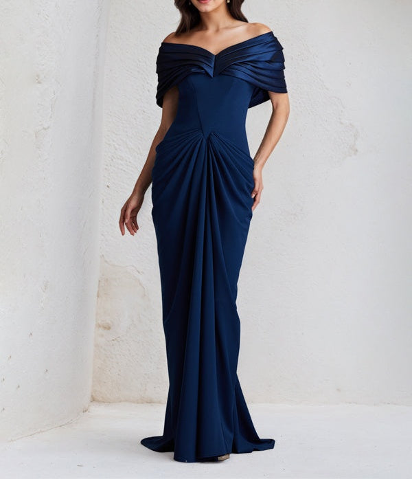 Royal Blue Sheath/Column Off The Shoulder Floor Length Stretch Crepe Dress