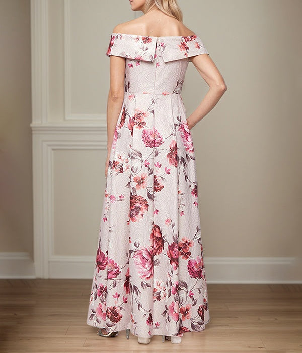 A-Line Off the Shoulder Satin Floral Mother of the Bride Dress With Pockets