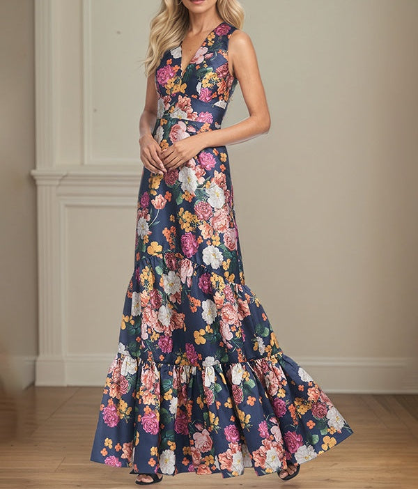 A-Line V-Neck Peonies Floral Mother of the Bride Dress