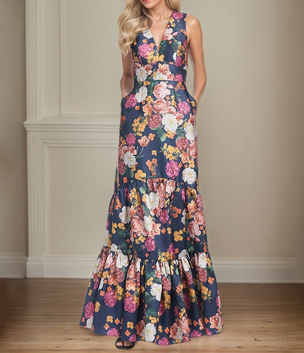 A-Line V-Neck Peonies Floral Mother of the Bride Dress