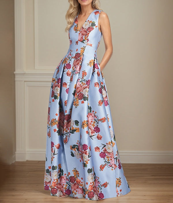 A-Line V-Neck Peonies Floral Mother of the Bride Dress With Slit