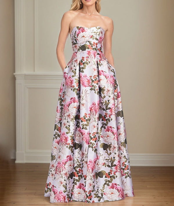 A-Line Off the Shoulder Floor Length Satin Floral Mother of the Bride Dress