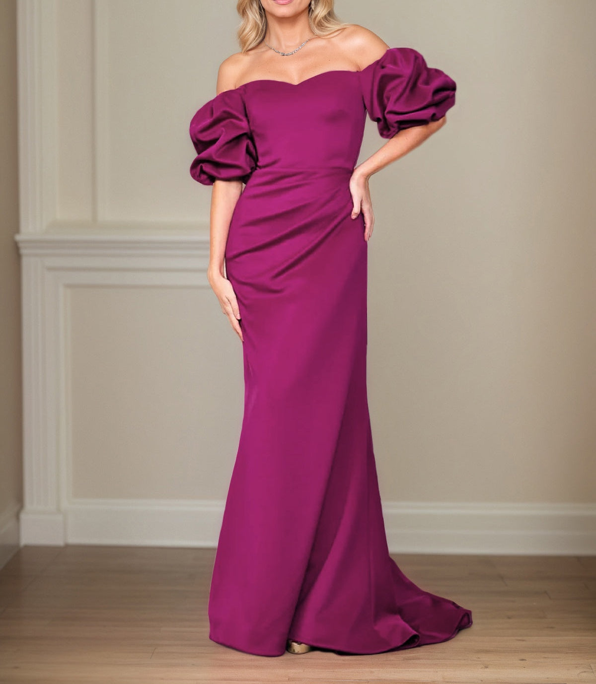 Satin Sheath/Column Off The Shoulder Puff Sleeves Floor Length Mother of the Bride Dresses