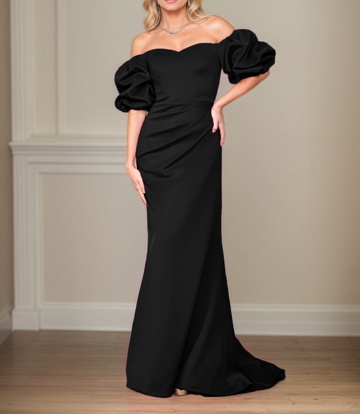 Satin Sheath/Column Off The Shoulder Puff Sleeves Floor Length Mother of the Bride Dresses