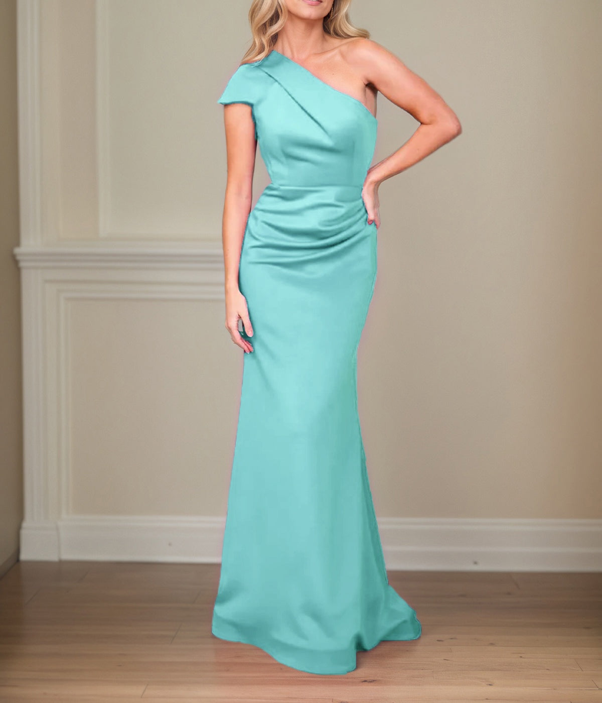 Satin Sheath/Column One Shoulder Short Sleeves Floor Length Mother of the Bride Dresses