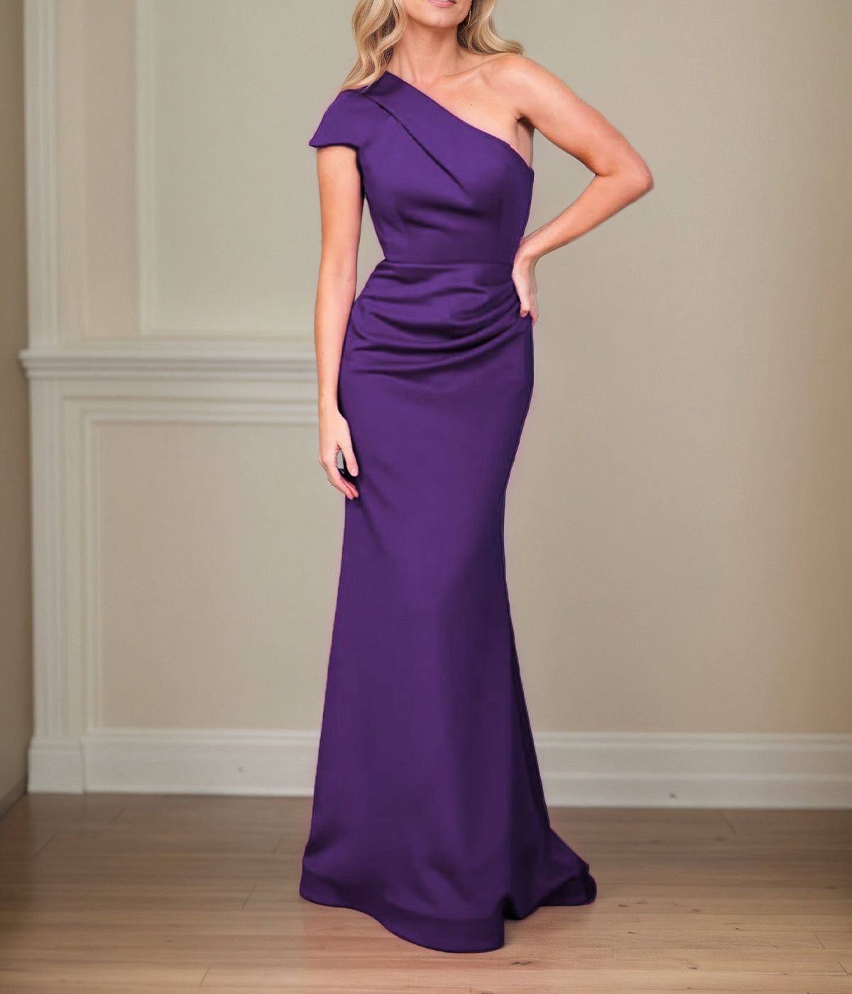 Satin Sheath/Column One Shoulder Short Sleeves Floor Length Mother of the Bride Dresses