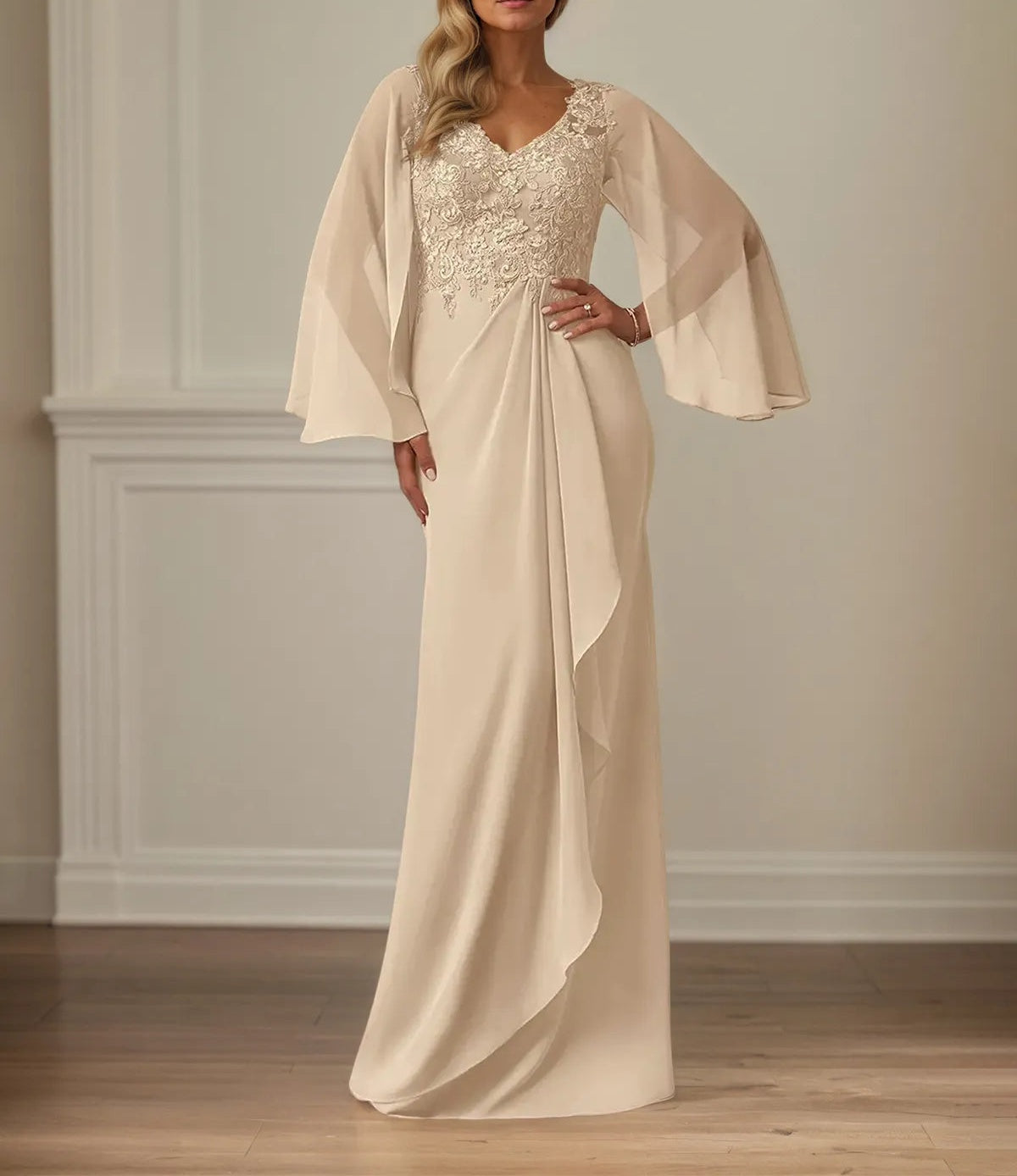 Sheath/Column Chiffon V Neck Long Sleeves Floor Length Mother of the Bride Dresses With Appliques