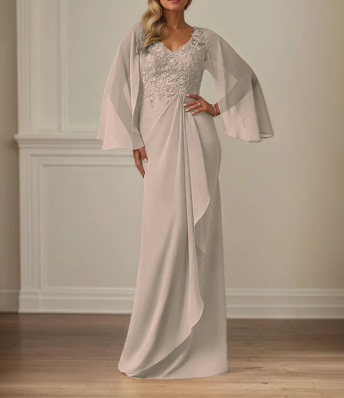 Sheath/Column Chiffon V Neck Long Sleeves Floor Length Mother of the Bride Dresses With Appliques