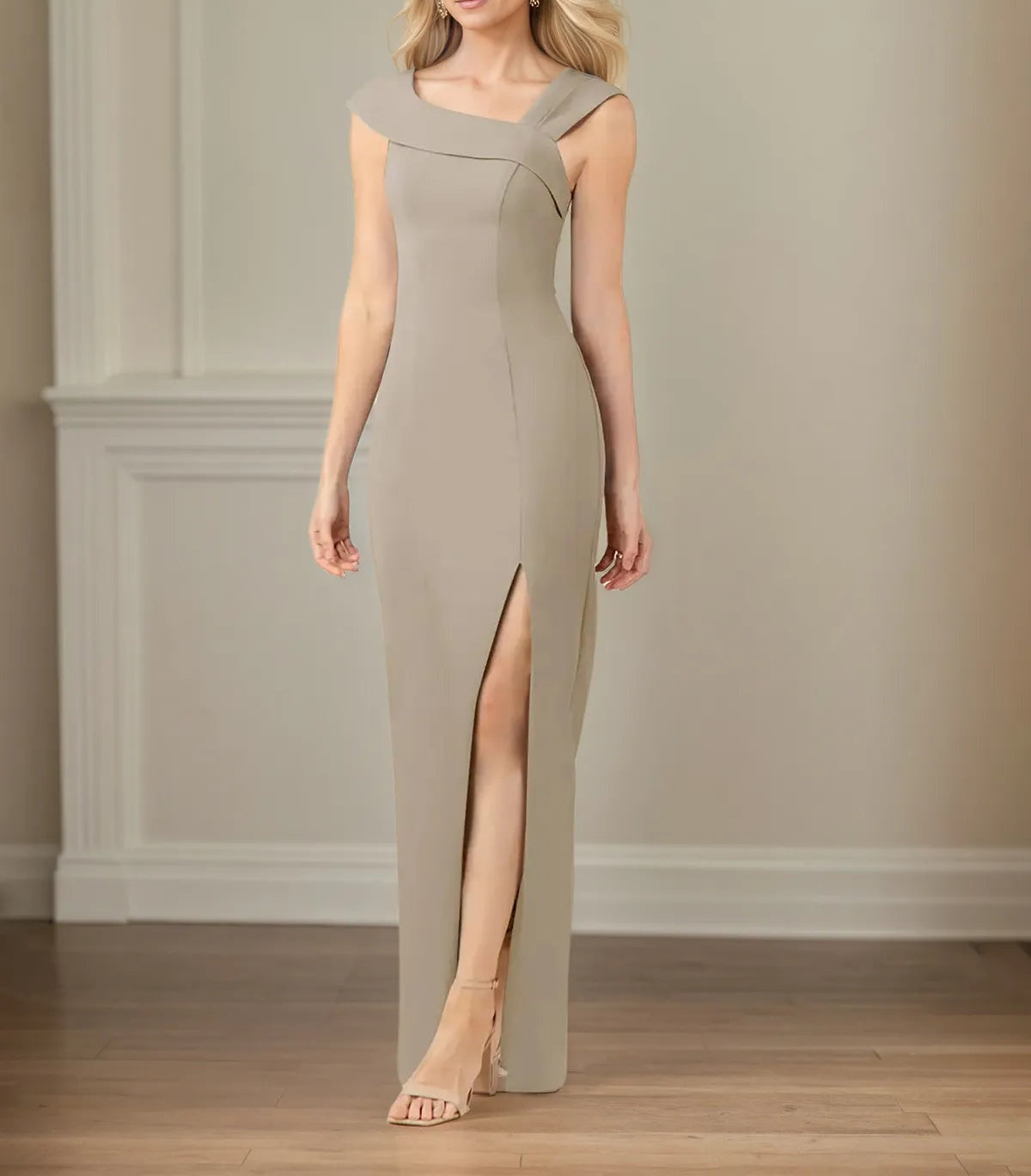 Sheath/Column Chiffon Asymmetrical Neck Sleeveless Floor Length Pleated Mother of the Bride Dresses