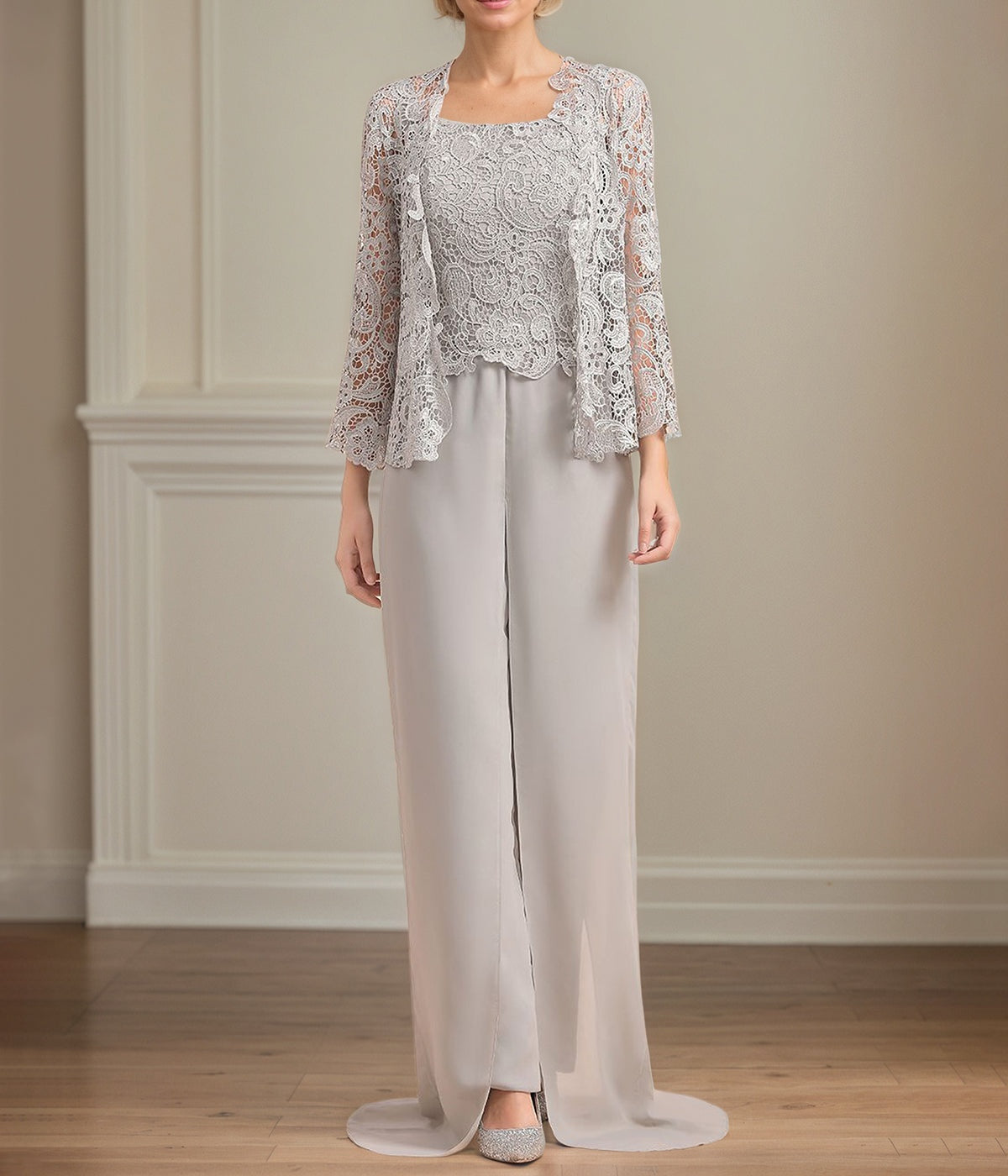 Chiffon Square Neck Sleeveless Floor Length Pleated Mother of the Bride Pantsuits