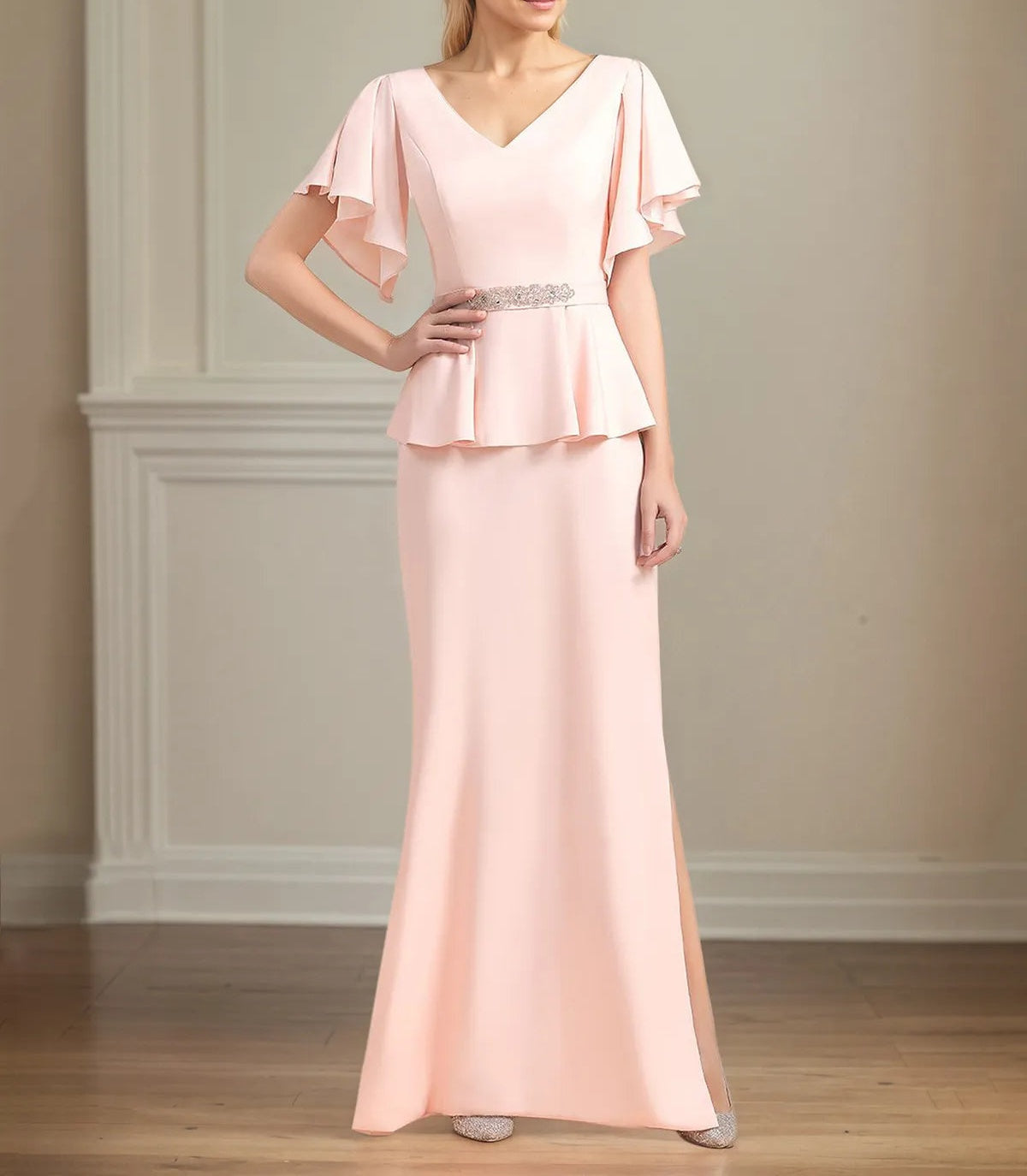 Chiffon V Neck Short Sleeves Floor Length Pleated Mother of the Bride Dresses With Ruffles