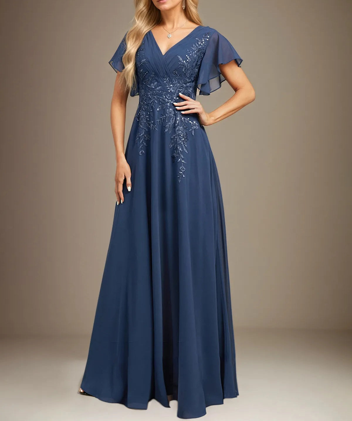 A Line V Neck Floor Length Lace Chiffon Evening Dress With Pleated Sequins