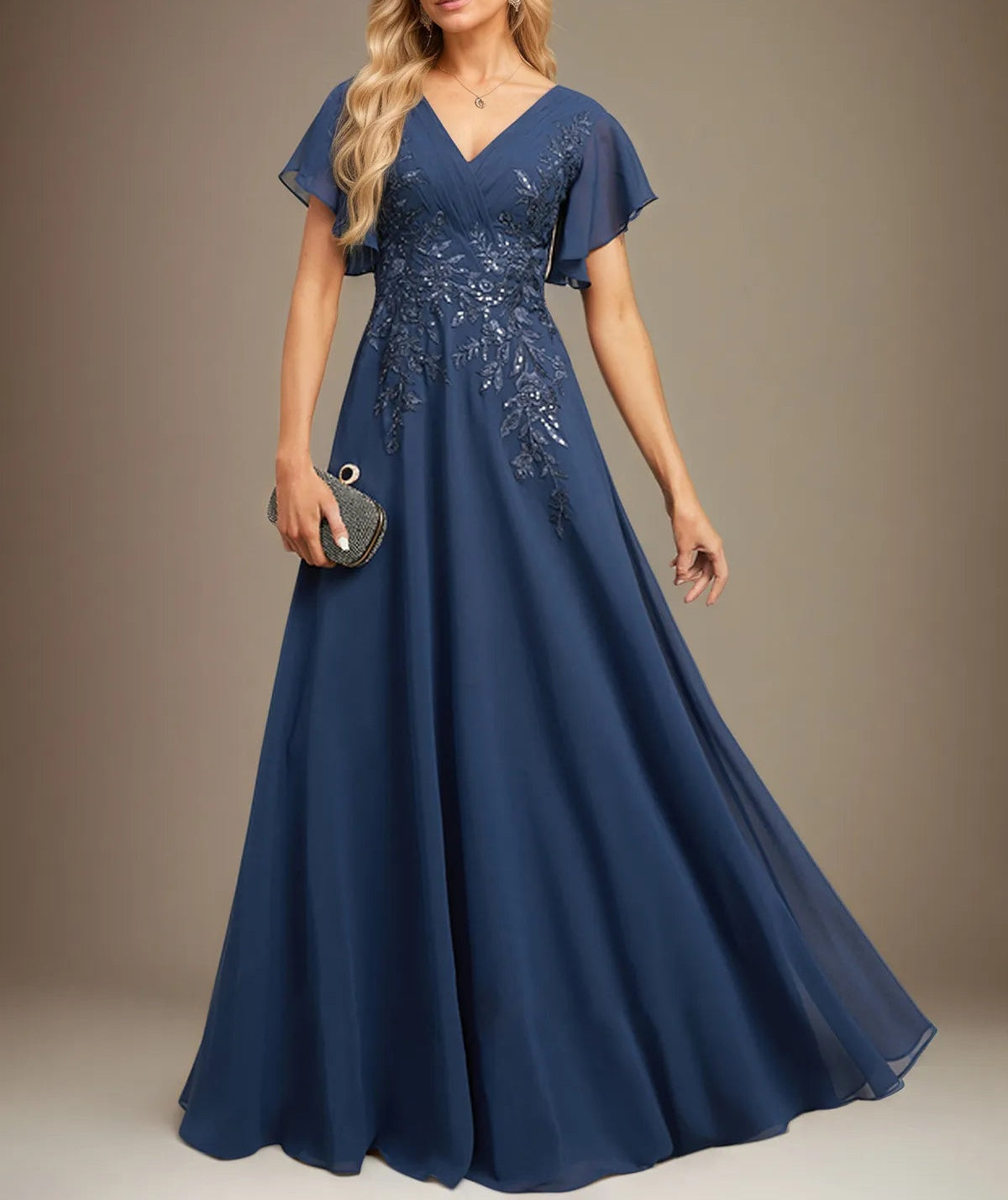 A Line V Neck Floor Length Lace Chiffon Evening Dress With Pleated Sequins