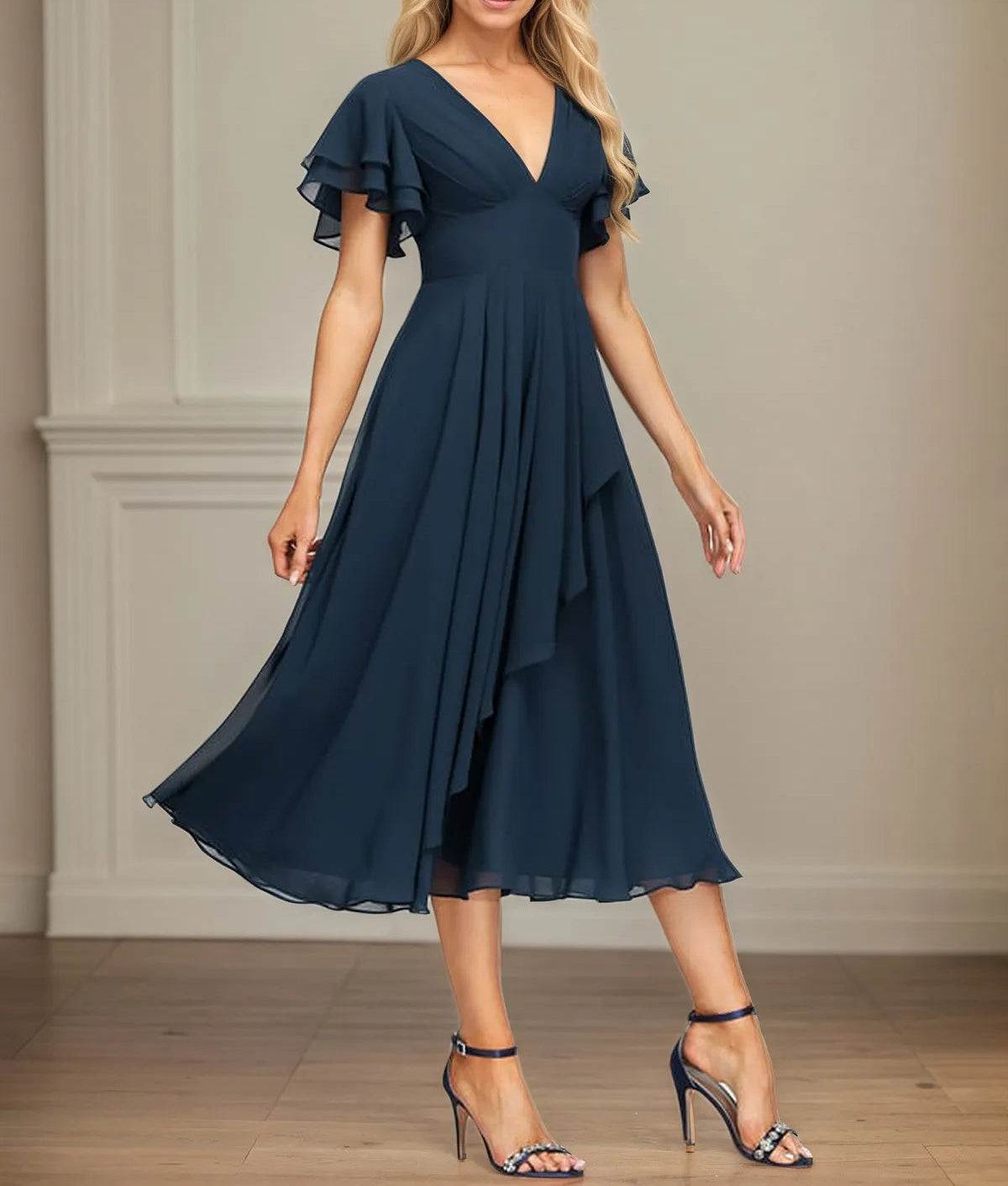 A Line V-Neck Tea Length Chiffon Dress With Cascading Ruffles