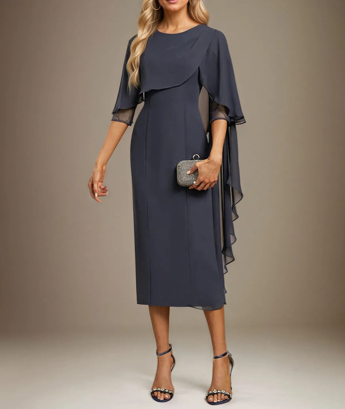 Sheath/Column Scoop Tea Length Chiffon Dress With Pleated Beading