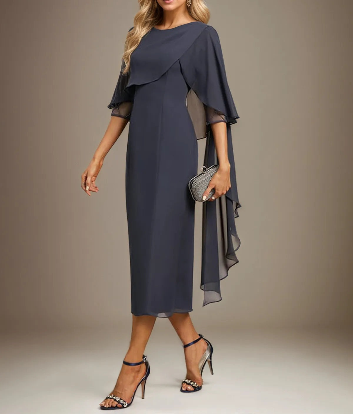 Sheath/Column Scoop Tea Length Chiffon Dress With Pleated Beading
