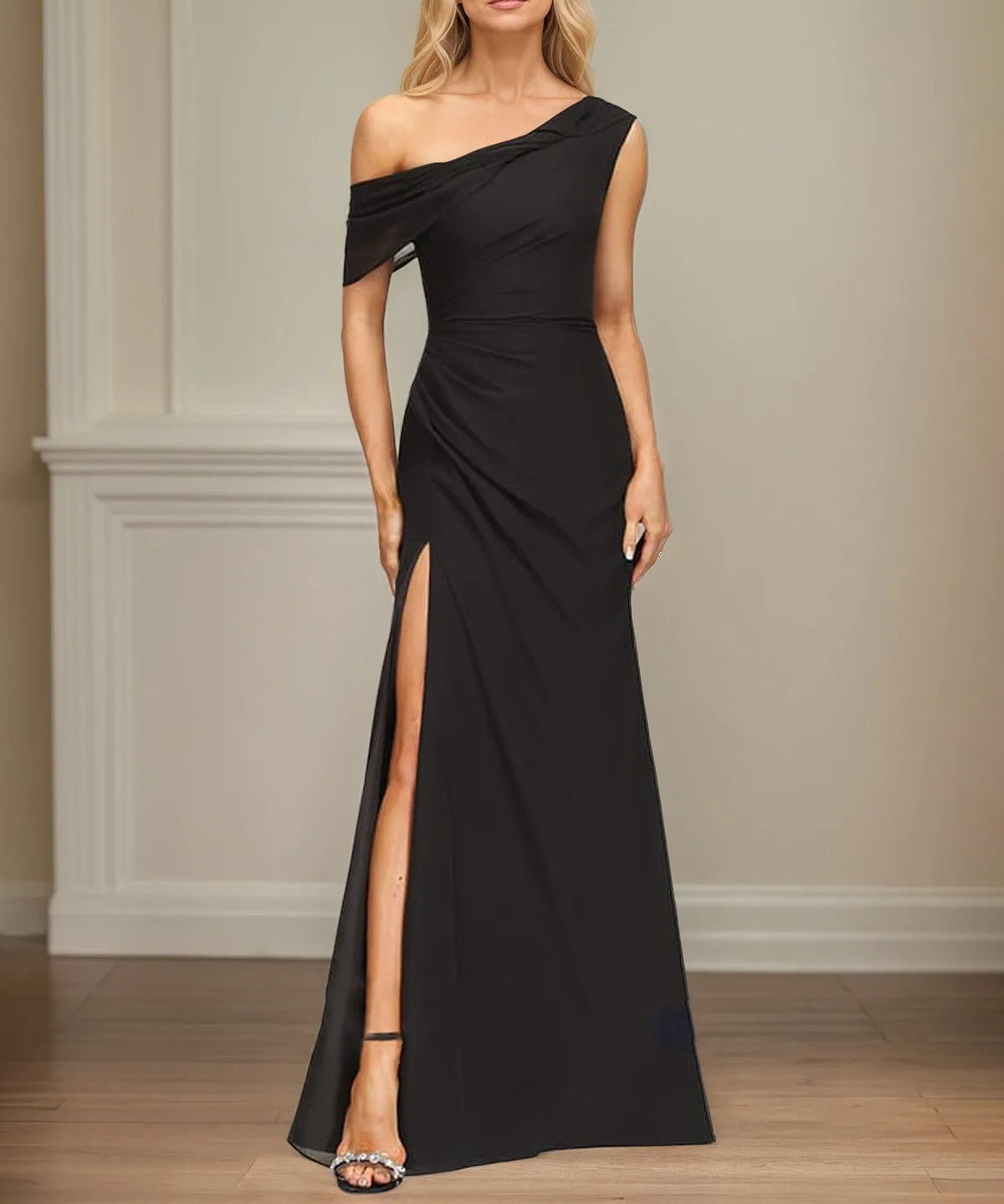 Sheath/Column One Shoulder Floor-Length Chiffon Dress With Pleated