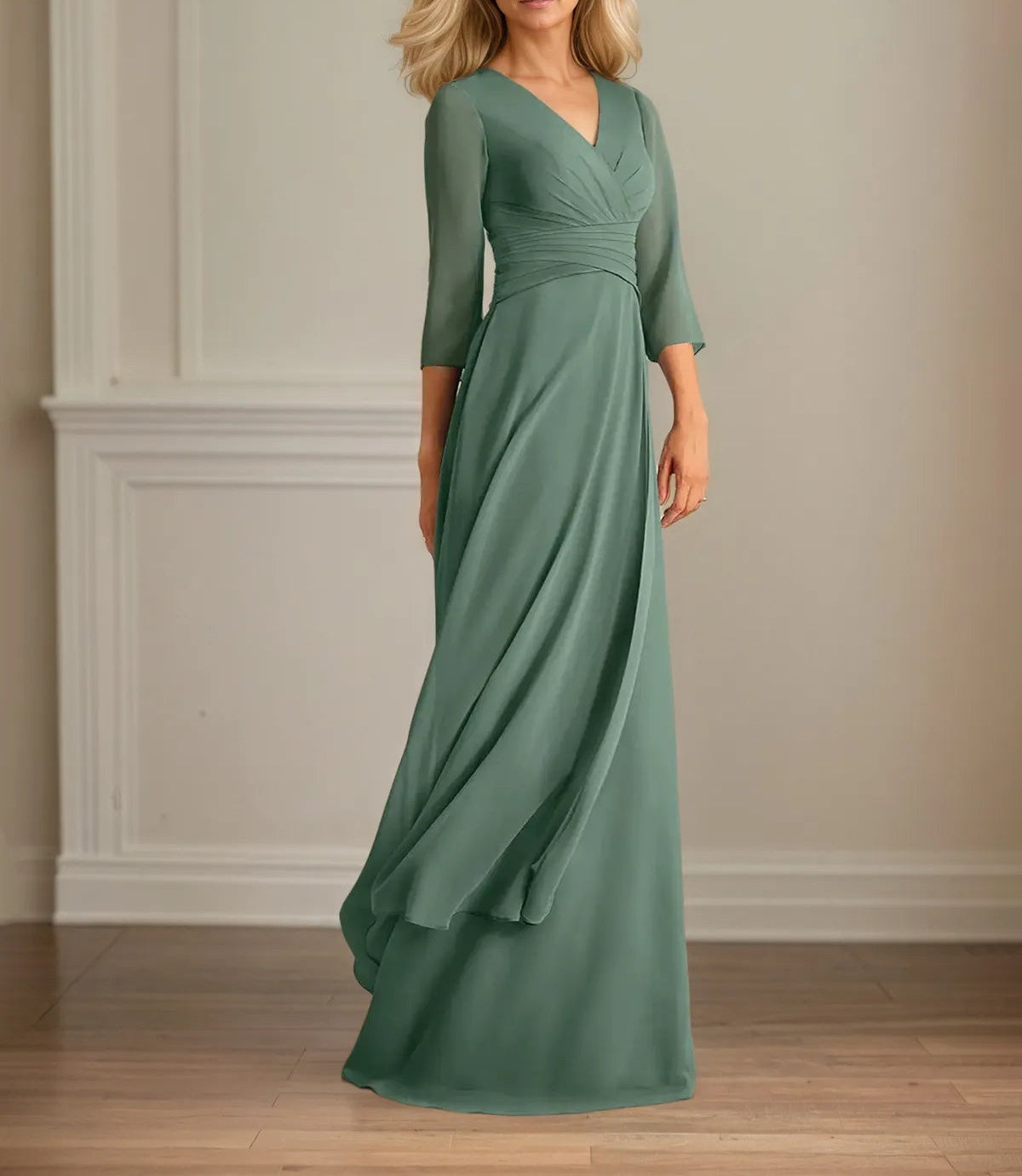 A Line V Neck 3/4 Sleeves Floor-Length Chiffon Dress With Pleated